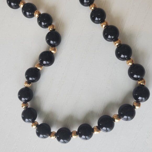 VICTORIAN BLACK ONYX &14K Yellow GOLD Beaded STRAND Necklace Antique f/ 1800's - Picture 4 of 8